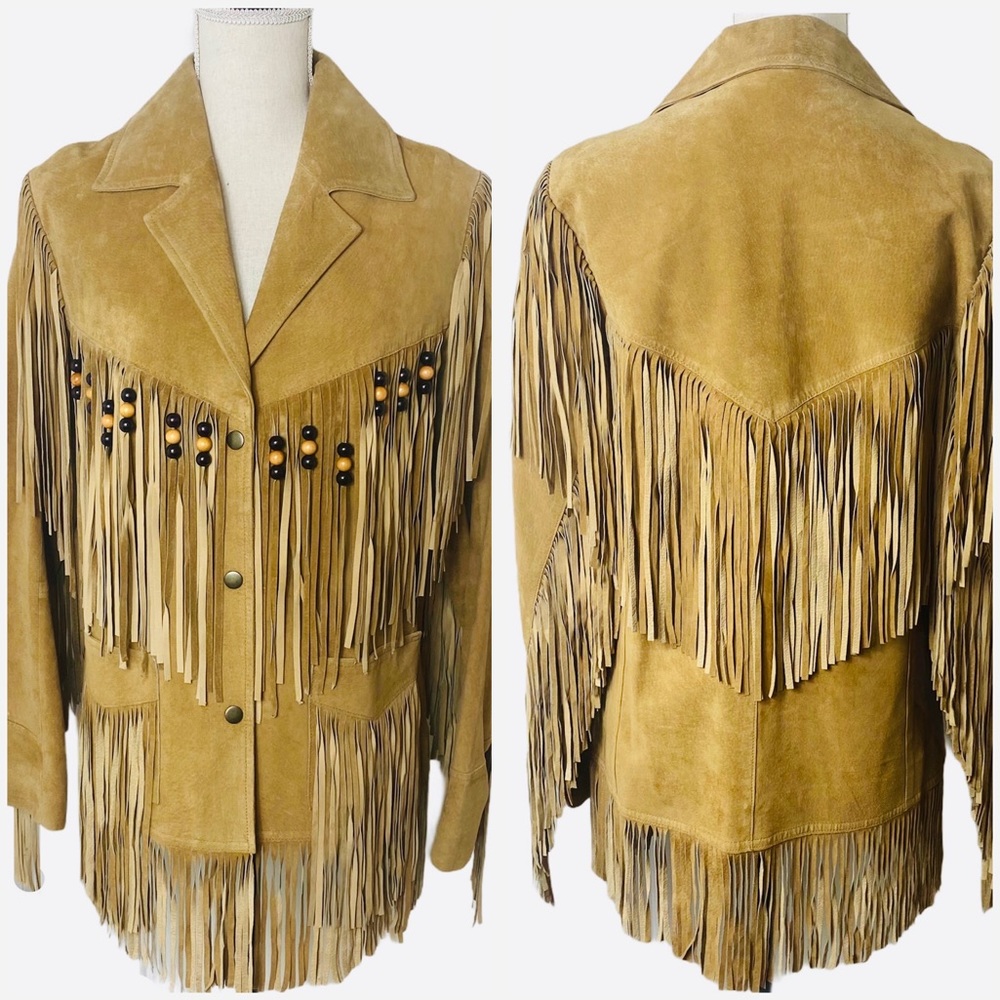Fringed Leather Boho Western Beaded Jacket Coat 6